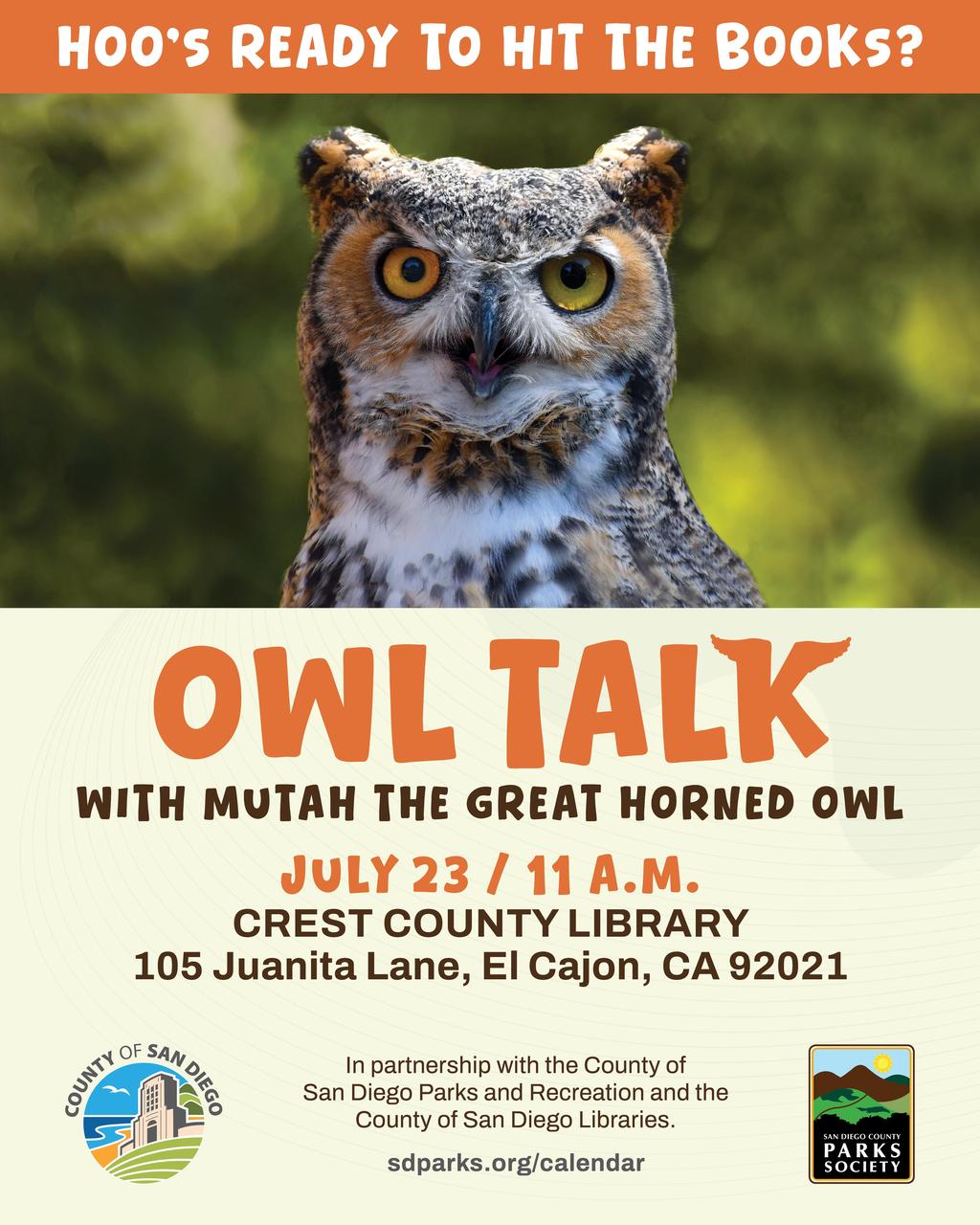 Owl Talk (with Mutah the Great Horned Owl) event photo
